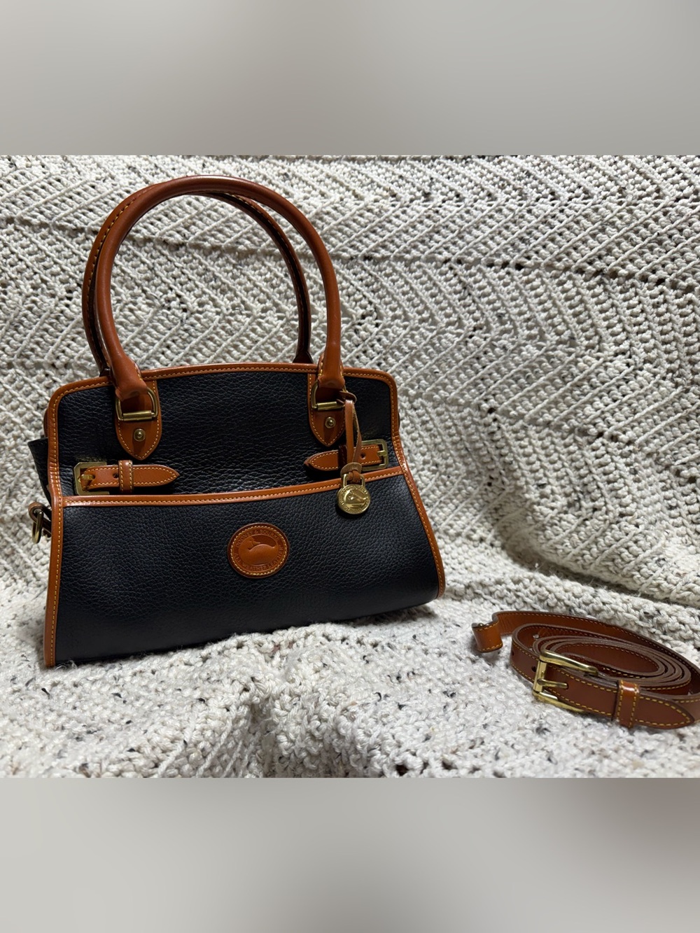 Vintage Dooney and Bourke Black and British Tan Buckle Satchel Crossbody